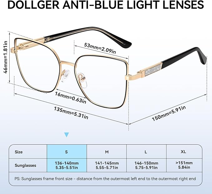 Dollger Blue Light Blocking Glasses for Women Trendy Oversized Computer Gaming Eyeglasses Cat Eye Metal Frame bluelight glasses Black