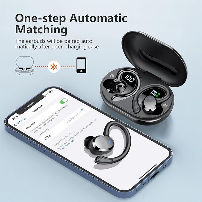 sprtoybat Wireless Earbuds, 2026 New Bluetooth 5.4 Headphones Sport Earphones with 68Hrs Playtime LED Display ENC Noise Cancelling Mic, IPX7 Waterproof Over Ear Ear Buds with Hook for Sports/Running