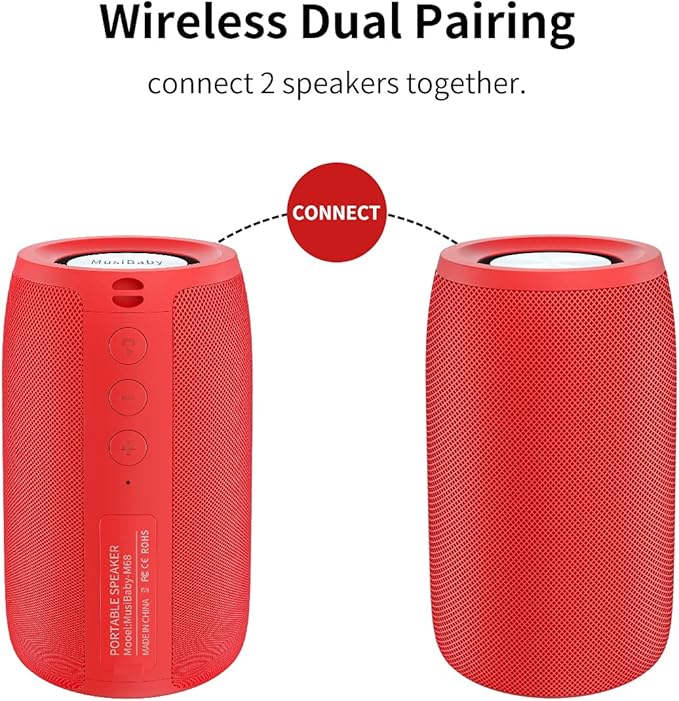 Musibaby Bluetooth Speaker, Wireless,Outdoor, Waterproof,Portable Speaker,Dual Pairing, Bluetooth 5.0,Loud Stereo,Booming Bass,24H Playtime for Home&Party,Gifts(Pure Red)