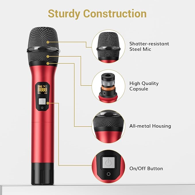 TONOR Wireless Microphones System, 2*15 Channel Metal Professional UHF Cordless Dynamic Handheld Mics with Receiver for Home Karaoke, Meeting, Party, Church, DJ, Wedding, KTV, 200ft, TW-820 Black&Red