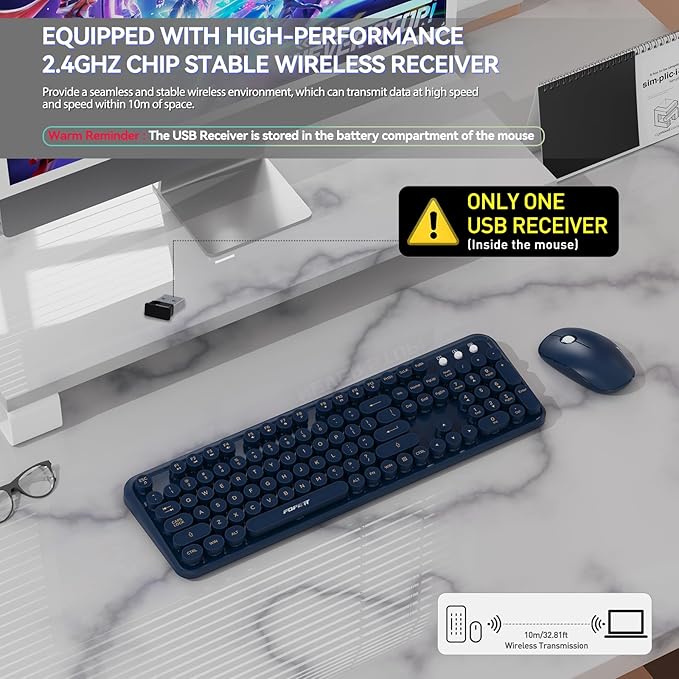 FOPETT Wireless Keyboard and Mouse Combo, 104 Keys Full-Sized 2.4 GHz Round Keycap Colorful Keyboards, USB Receiver Plug and Play, for Windows, Mac, PC, Laptop, Desktop (DarkBlue)