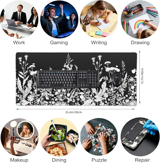 Large Floral Mouse Pad for Women, Black White XXL Desk Mat with Anti-Slip & Stitched Edges, Aesthetic Desk Pad for Keyboard and Mouse, Cute Office Supplies & Home Decor for Computer Desktop