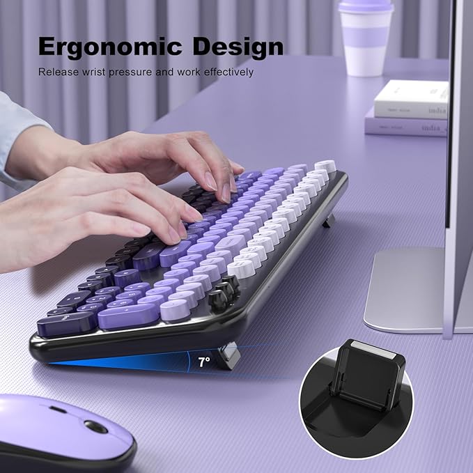 Wireless Keyboard and Mouse, Typewriter Full Size Keyboard with Number Pad and 2 in 1 USB Connected Mouse for Windows 7/8/10, Laptop, Desktop, PC, Computer (Black Purple)