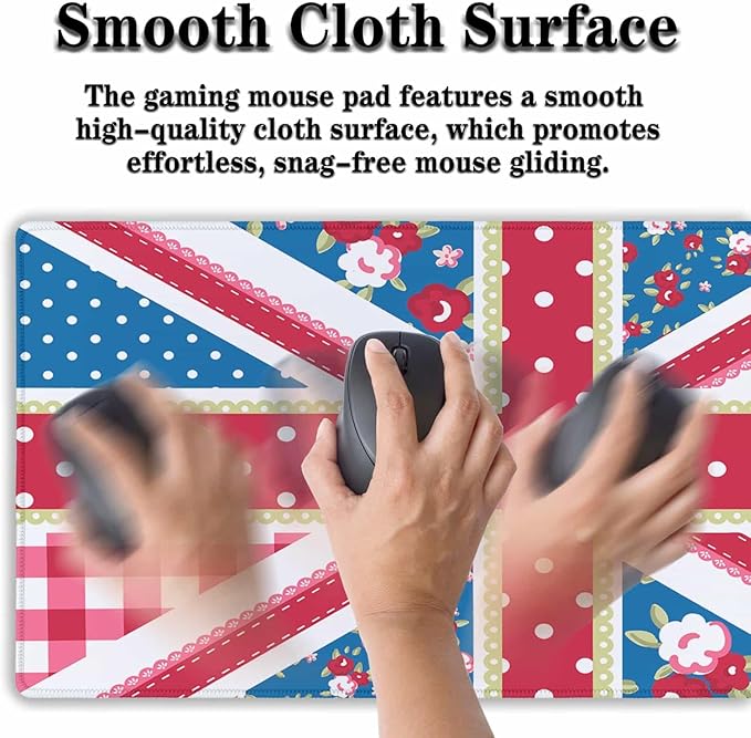 Union Jack Gaming XXL Mouse Pads British Flag Mouse Pad Shabby Chic Floral Style Mousepads Non-Slip Rubber Base Waterproof with Stitched Edges, 35.4" X 15.7" for Work/Game/Office/Home