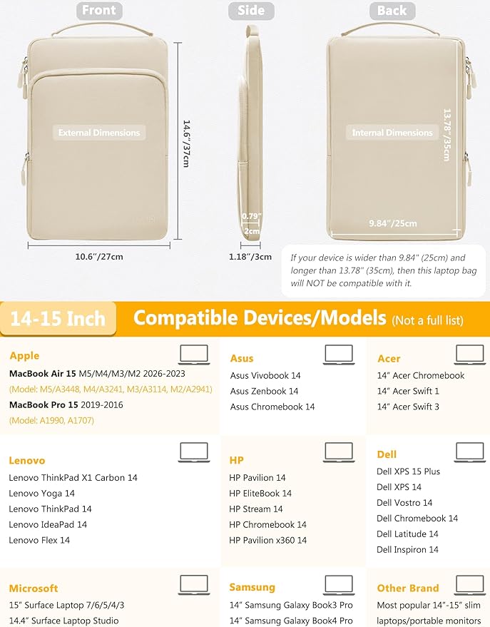 HYZUO 14-15 Inch Laptop Bag Sleeve for MacBook Air 15 M5 A3448 M4 M3 M2 2026-2023, MacBook Pro 15, XPS 14/15 Plus, 15" Surface Laptop, Notebook Case for 14" Dell HP Lenovo Asus Acer, Sand