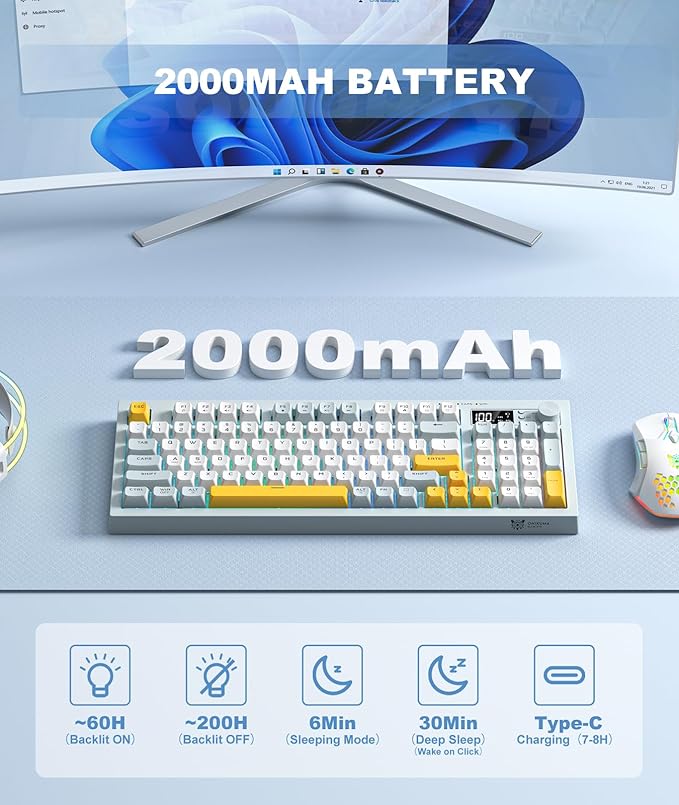 Wireless Keyboard Creamy Membrane with Rainbow Backlight,3-Mode Connectivity (BT/2.4G/USB-C) with LCD Screen & Multifunction Knob,200H Battery, 94 Key PBT Keycaps, Quiet Typing for Office/Home/Gaming