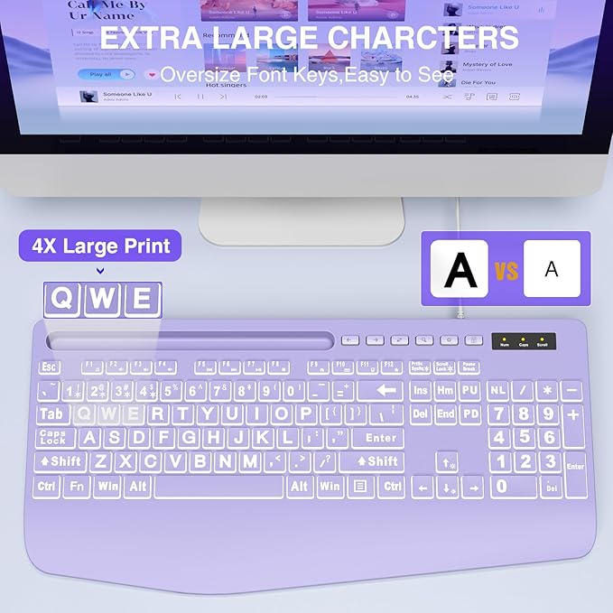 SABLUTE K21Pro Large Print Backlit Computer Keyboards, Wired Lighted USB Keyboards with 7-Color Backlit, Wrist Rest, Phone Holder, Easy to Read and Type for Laptop, PC, Windows, Desktop (Purple)