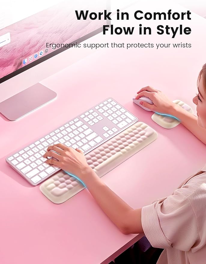 Meatanty Keyboard and Mouse Wrist Rest Set, Computer Wrist Pad Support, Ergonomic Keypad Hand Rest Combo, Memory Foam Typing Pink Desk Accessory Carpal Tunnel Cushion, Laptop Office Home School Women