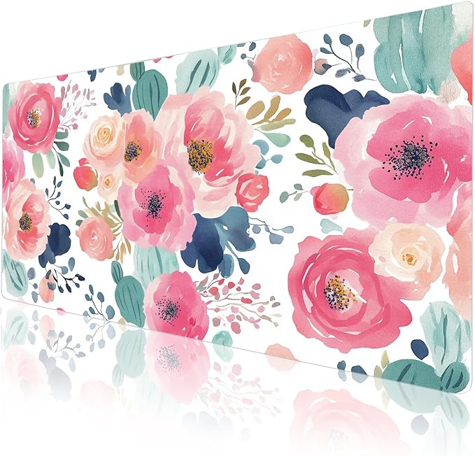 Colorful Star Large Mouse Pad, Pink Floral Desk Mat for Desktop, Women Girls Flowers PU Leather Waterproof Desk Pad, Computer PC Laptop Protector Gaming Mouse Pads for School Office Home 31.5" x 15.7"