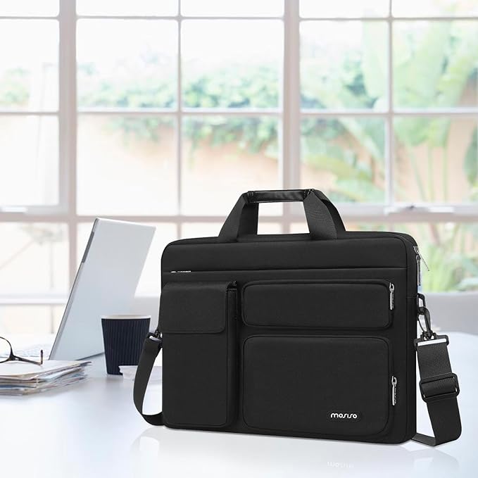 MOSISO Laptop Shoulder Bag 14 inch, 14 inch Computer Bag Compatible with HP Lenovo Dell ASUS Acer, HP Stream, Dell Latitude with 2 Raised&1 Flapover&1 Horizontal Pocket&Handle&Belt, Black