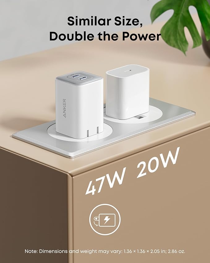 Anker Nano 47W USB C Charger, 2 Port Compact Foldable GaN Charger for iPhone 17 / 16, Galaxy, Pixel, Compatible with MagSafe (White)