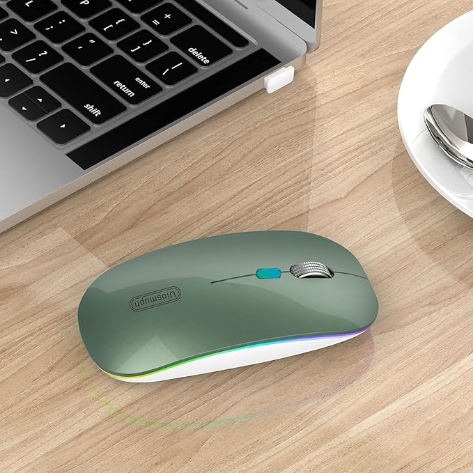 Uiosmuph LED Wireless Mouse, G12 Slim Rechargeable Silent Mouse, 2.4G Portable USB Optical Wireless Computer Mice with USB Receiver and Type C Adapter (Blacklish Green)