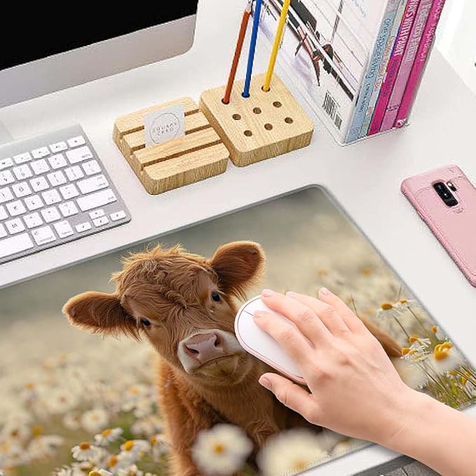 Gaming Mouse Pad Large,Cute Highland Cow on Daisy Mouse Pad Gaming Mouse Mat Desk Pad,31.5 x 11.8 Desk Mat Mouse Pads for Desk,Extended Keyboard Mousepad with Non-Slip Base and Stitched Edge