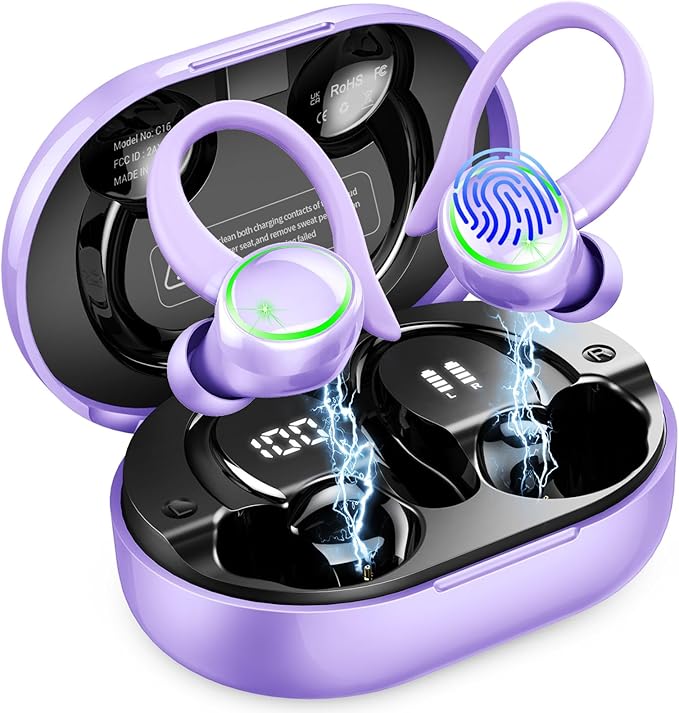 Wireless Earbuds, Bluetooth Headphones Sports, Deep Bass Fitness Earphones Gym Running, Waterproof Headset with Earhook Workout, Playback Over-Ear Buds with ENC Noise Cancelling Mic