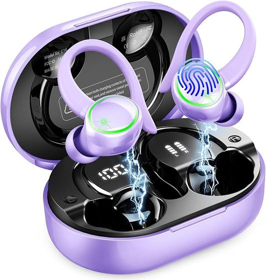 Wireless Earbuds, Bluetooth Headphones Sports, Deep Bass Fitness Earphones Gym Running, Waterproof Headset with Earhook Workout, Playback Over-Ear Buds with ENC Noise Cancelling Mic