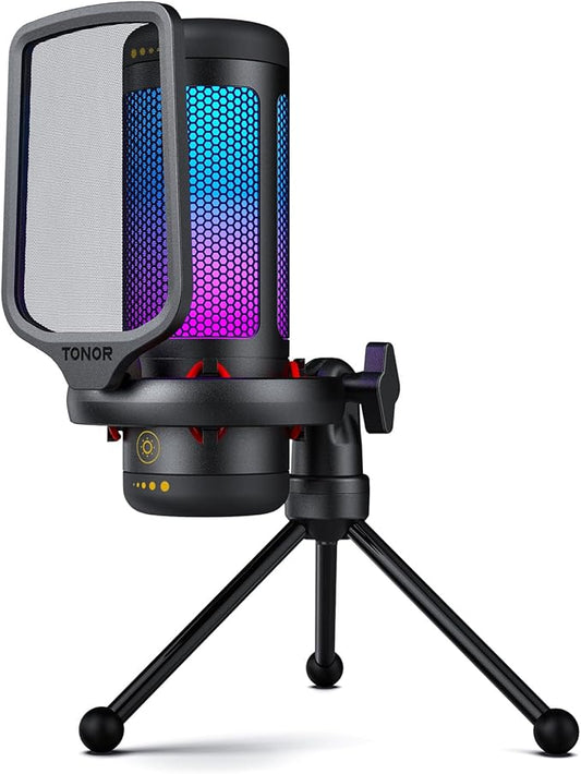 TONOR Gaming Microphone Set, USB Condenser Mic for PC with Stand, Controllable RGB, Quick Mute, Volume Control, for Twitch Streaming, Discord Chatting, 200 cm/78inch Cable, Desktop Stand TC310
