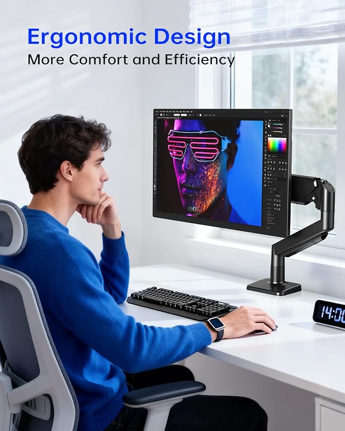 Single Monitor Stand for 13 to 32 inch Screens, Gas Spring Monitor Arm with Swivel, Tilt, Rotation, Height Adjustable, Desk Mount with C-Clamp and Grommet Base, Holds 4.4 to 19.8lbs Screen, Black