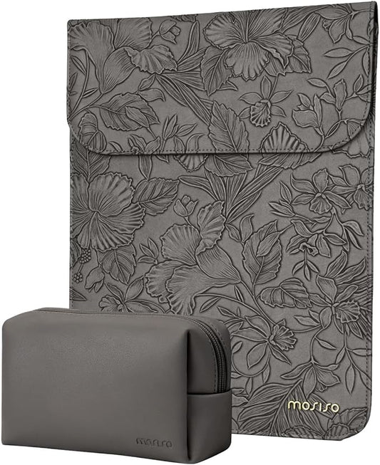 MOSISO Laptop Case 13 inch, 13 inch Laptop Sleeve Compatible with MacBook Air M4 M3 M2 M1 2025-2018 / Pro M2 M1 2025-2016, Embossed Retro Hibiscus PU Leather Case with Small Bag, Gray