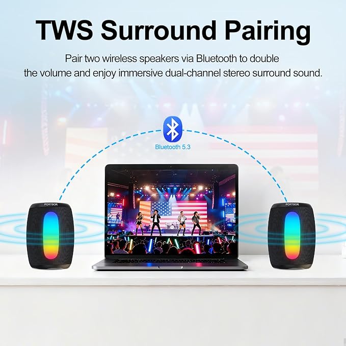 Portable Bluetooth Speaker, 2026 Powerful Stereo Loud Sound Wireless Speaker, 8 LED Modes, IPX5 Waterproof, Up to 36H Playtime, BT 5.3 with AUX, TWS Pairing, for Outdoor/Home/Party/Beach, Ideal Gifts