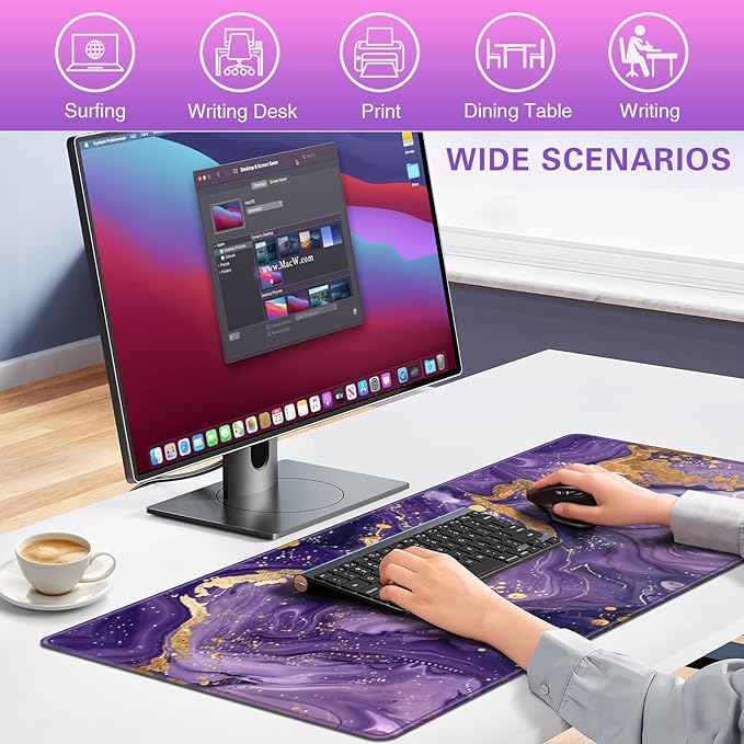 Large Gaming Mouse Pad XXL 35.4×15.7in, Mousepad Purple, Extended Computer Keyboard Mouse Mat Desk Pad for Laptop with Stitched Edges, Waterproof Mousepad for Gamer Home&Office Women