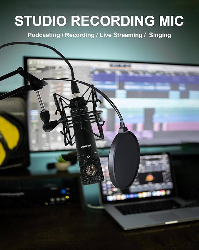 XLR Microphone, Professional Condenser Microphone with 34mm Large Diaphragm, Cardioid Studio Recording Mic Computer Gaming PC TM87KB Mic Kit for Singing, Podcasting, YouTube (Black)