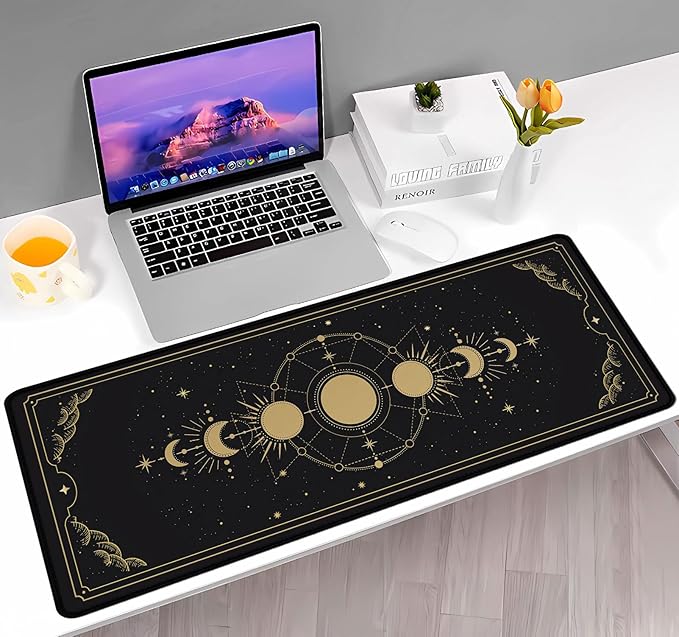 Moon Phases Large Gaming Mouse Pad, Celestial Cycle Lunar Chart Black and Gold Desk Pad, Stars in Space Horoscope Desk Mat, Mystical Astronomy Mousepad for Gamer Home&Office, 31.5x11.8 in