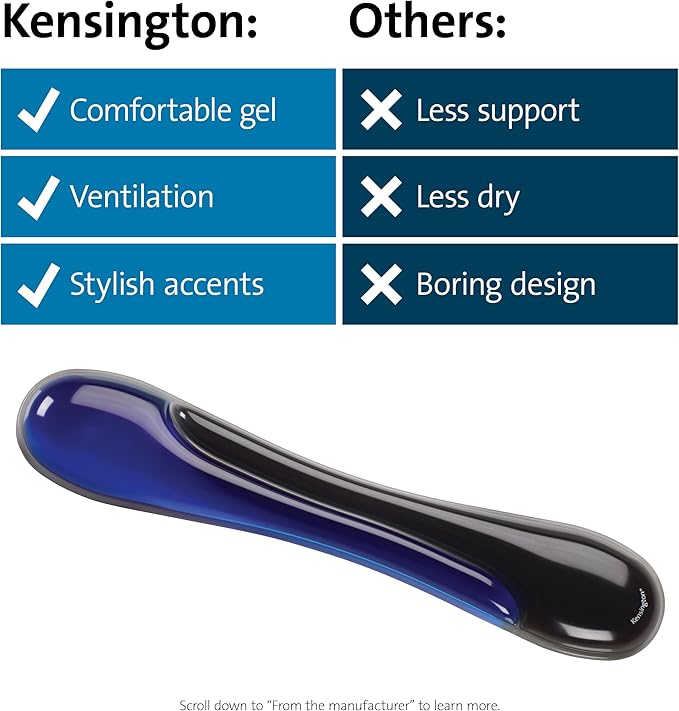 Kensington Duo Gel Wrist Rest for Keyboard, Wrist Pad for Keyboard, Ergonomic Keyboard Wrist Pad, Computer Keyboard Pad with Wrist Support, Cooling Gel, Non-Skid Backing, Blue K62397AM, 19" x3.7