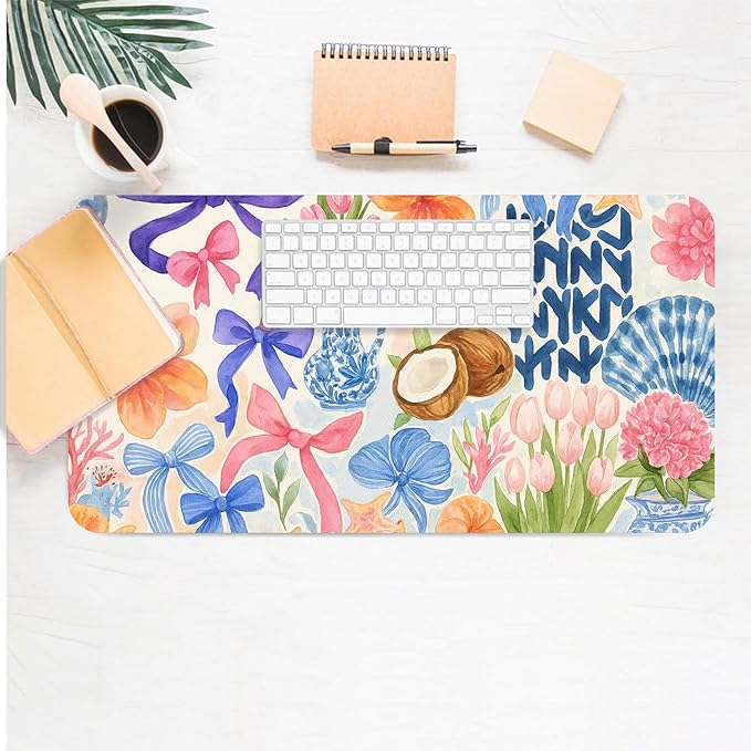 Large Mouse Pad, Floral Bow Desk Mat for Desktop, Women Girls Flowers PU Leather Waterproof Desk Pad, Computer PC Laptop Protector Gaming Mouse Pads for School Office Home 23.6" x 11.8"