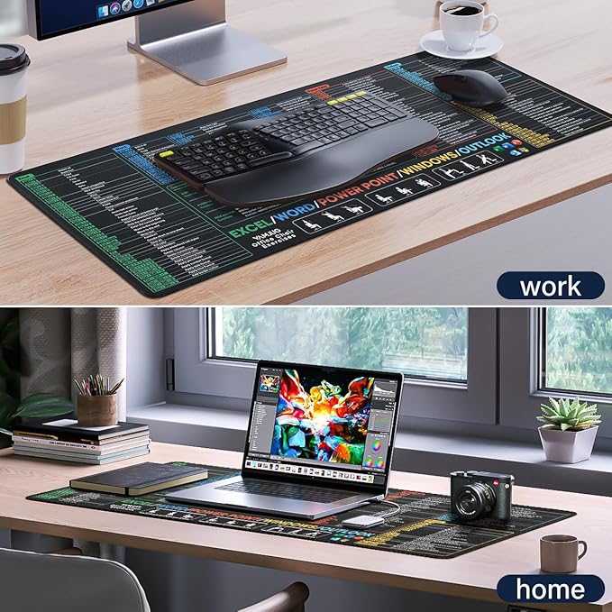 Excel/Word/PowerPoint/Windows/Outlook Cheat Sheet Desk Pad, Large Gaming Office pc Desk mat with Non-Slip Stitched Edge (31.5 x 11.8 inch)