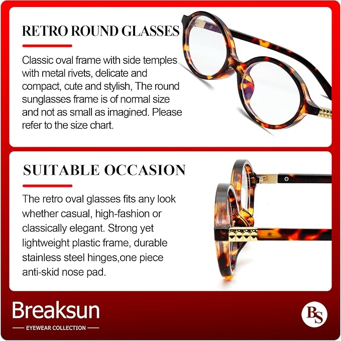Breaksun Fashion Oval Glasses for Women Men Retro Round Tortoise Frame Blue Light Glasses Nerd Eyeglasses