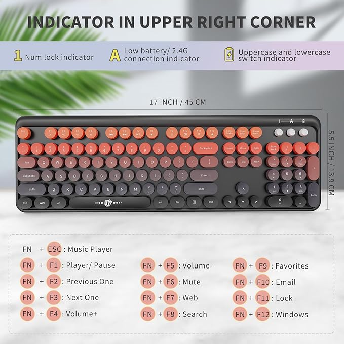 FOPETT Wireless Keyboard and Mouse Combo - 2.4G Full-Sized Cute Colorful Mouse and Keyboard with 104 Round Keys Retro Typewriter Keyboard for Laptop/Windows/PC - Orange Gradient
