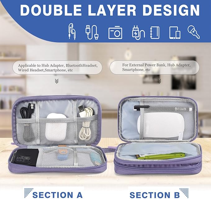Travel Electronic Organizer Pouch Bag, Waterproof Portable Electronic Accessories Storage Multifunctional Case for USB, Cable, Cord, Charger, Phone, Power Bank, Earphone (Purple, Large)