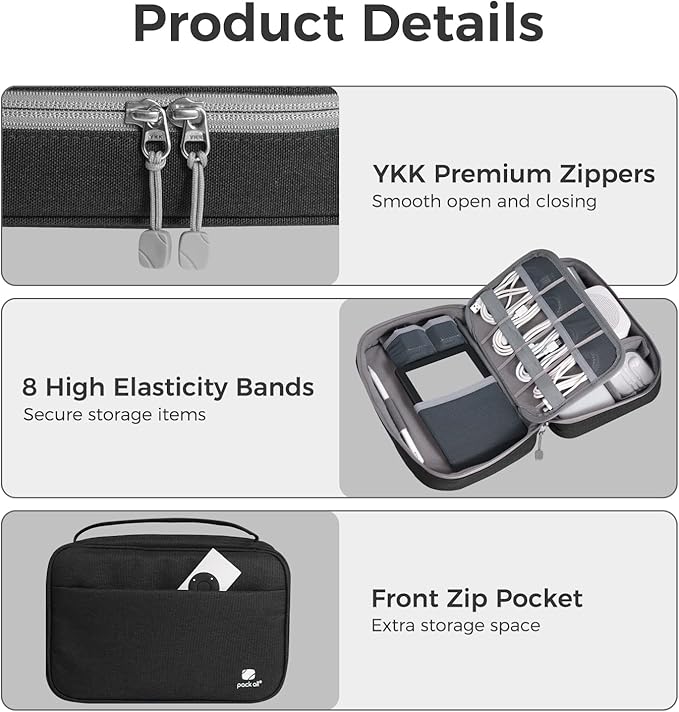 pack all Electronic Organizer Plus, Larger Capcity Cable Organizer Bag, Shockproof Carrying Case, Portable Cord Travel Organizer Storage Bag for Cables, Chargers, Phones, USB, SD Cards(Black)