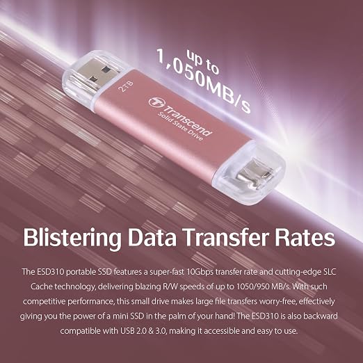 Transcend ESD310 1TB External SSD, Up to 1,050MB/s, Dual USB Drive for iPhone17,16,15, iPad&Mac/Pixel10/Tesla/Steam Deck/ROG Ally/MSI Claw/Android/PS5, 2-in-1 Type C &A, USB3.2Gen2 Portable SSD-Pink - Image 7