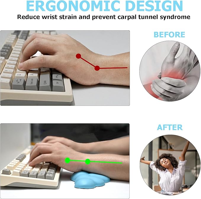 Cloud Wrist Rest Keyboard, PU Leather Memory Foam Wrist Support for Computer Keyboard, Ergonomic Keyboard Pad and Cute Mouse Wrist Pad for Gaming, Office, Computer, Easy Typing Pain Relief, Sky Blue