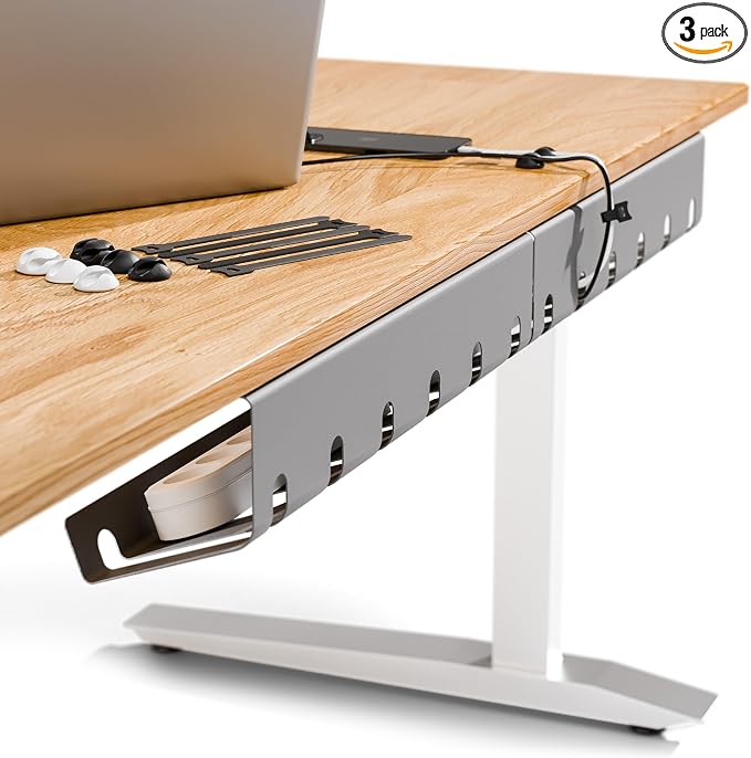 PAMO Cable Management Under Desk for Easy mounting Under-Table I Set of 3 - with 10X Cable Ties I Desk Organizer for Office/Home Office Table Thoughtful Cable Tray Holder by pamo