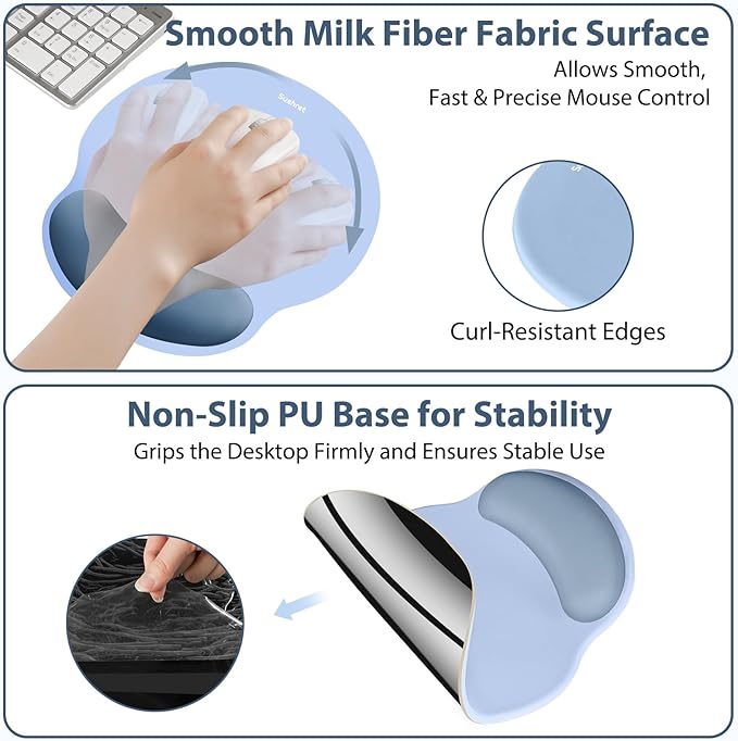Sushret Mouse Pad and Keyboard Wrist Rest, 3-in-1 Gel Memory Foam Ergonomic Mouse Pad with Wrist Rest Set,Gaming Mousepad Arm Cushion Support for Computer Office Desk Accessories Cute Setup,Sky Blue