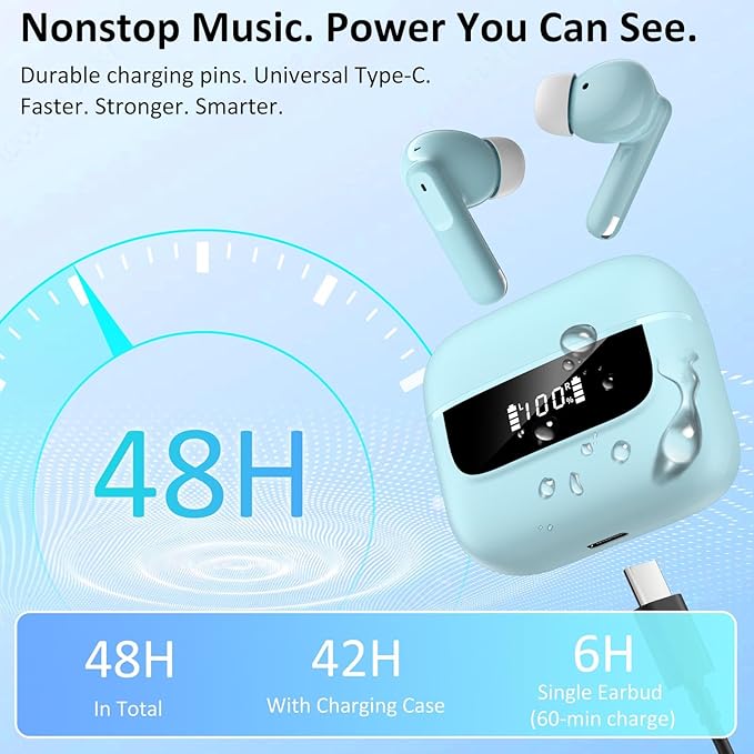 Wireless Earbuds Bluetooth 5.4, 6 Mic ENC Noise Cancelling Clear Call, in Ear Buds Deep Bass HiFi Stereo Sound, Big Dual LED Display 48H Playtime Earphones, IPX7 Waterproof Headphones for Android iOS