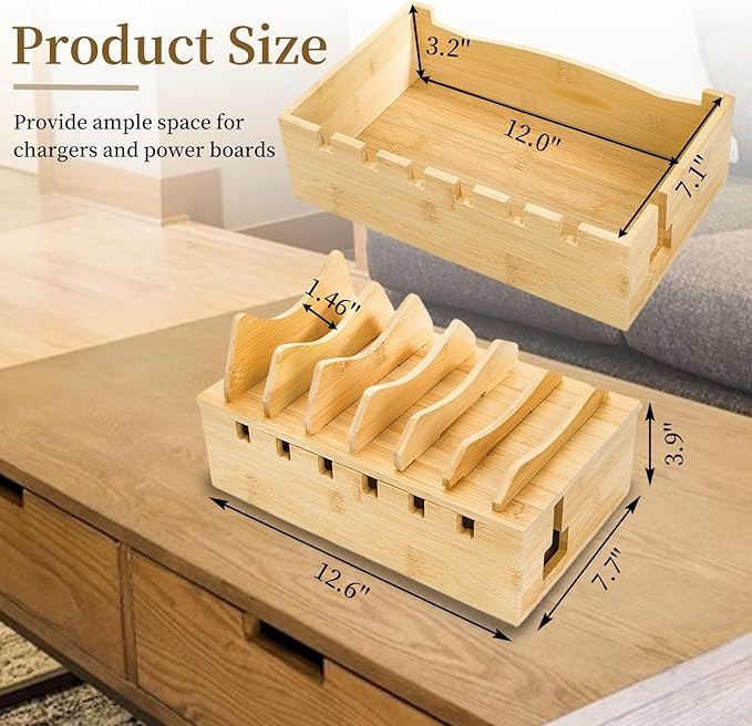 Bamboo Charging Station for Multiple Devices, Desktop Charging Organizer with Removable Divider Slots, Docking Stations Stand for 6 Devices, Compatible with Tablets, iPads, Cell Phone, Laptop