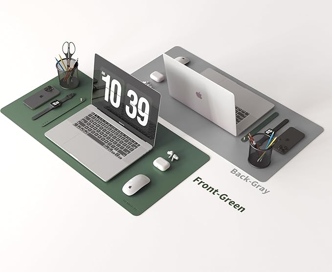 RENMTURE Double-Sided Two-Tone Faux Leather Desk mat Desktop Organization and Accessories Home and Office Large Mouse pad Game and Work (Green/Gray, 32"x16")