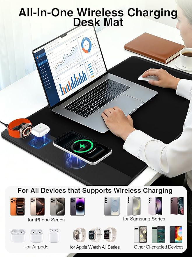 Mouse Pad with Magnetic Wireless Charging, Large Desk Mat, Non-Slip Mouse Mat, Keyboard Pad for Gaming, Desk, Office, PC (The Left Charging-Black)