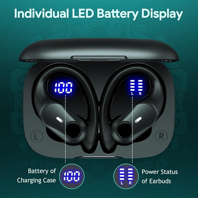 Active Noise Cancelling Earbuds Wireless Bluetooth Headphones 80H Playtime LED Power Display Charging Case Over Ear Hooks Ear Buds with Hi-Res Sound & Clear Calls for Sports Running Gym Workout Black