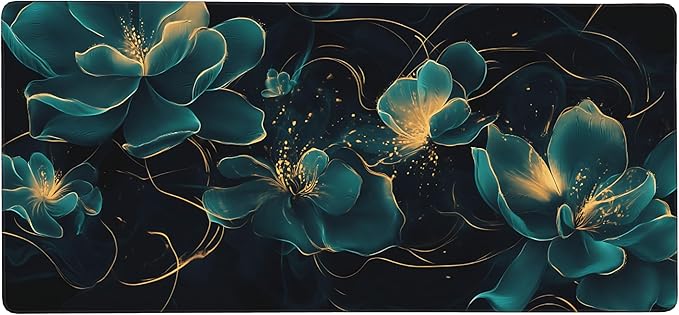 Floral Aesthetic Lotus Large Mouse Pad, Deep Blue Modern Desk Mat with Anti-Slip Base & Stitched Edges,35.4" x 15.7" in Desk Accessories for Women, Home Office Decor & Artistic Gift