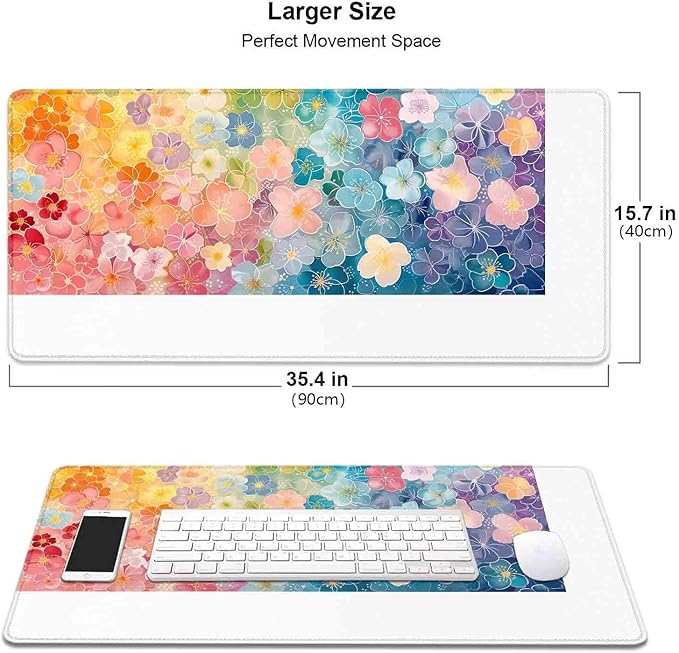 Colorful Flowers Large Mouse Pad Mat, Pink Blue Yellow and Green Pattern Desk Mat, Watercolor Beautiful Floral Computer Desk Pads for Office, Non-Slip Laptop Computer Pad, 31.5x11.8 in