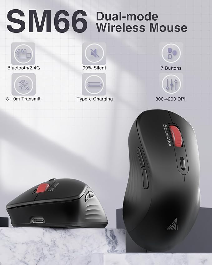 SOLAKAKA SM66 Silent Dual Mode 2.4GHz Wireless Mouse with 2 Side Buttons, 4800 DPI,Rechargeable Computer Mouse for Laptop,PC(Black)