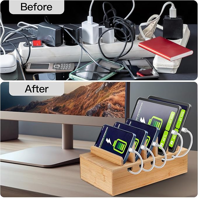 Bamboo Charging Station for Multiple Devices, Cell Phone Docking Charging Station Organizer, Nightstand Bedside Desk Device Charger Organizer for Laptop, Tablets and iPads