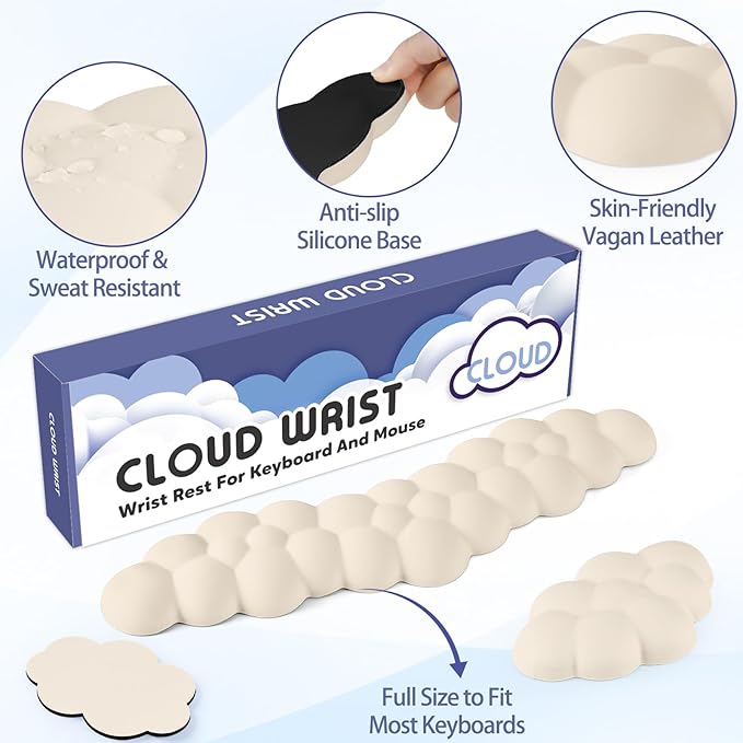 Sushret Cloud Wrist Rest for Keyboard and Mouse, Memory Foam PU Leather Keyboard Wrist Rest with Ergonomic Support, Non-Slip Base, Cute Arm Rest Pad & Palm Cushion, Office Desk Accessory, Beige
