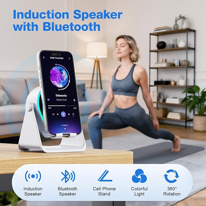 TARKARI Wireless Induction Speaker, 5 in 1 Bluetooth Speaker, 360° Rotation Cell Phone Stand with Ambient Light Compatible with iPhone iPad Android Tablet, Birthday Gifts for Women Men Him