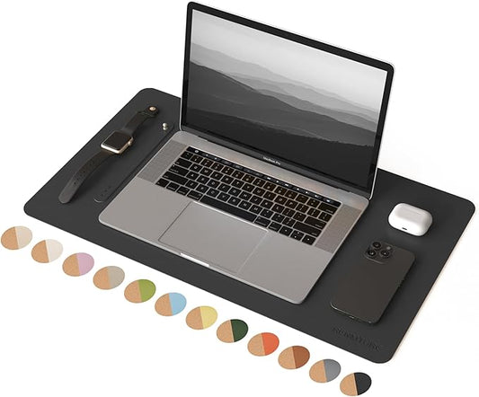 RENMTURE Desk Pad, Cork & PU Leather Desk Mat, Large Mouse pad, Non-Slip Desk Protector and Blotter, Waterproof Writing Pad, Desk Accessories and Organizers for Home Office (Black, 23.6" x 13.7")