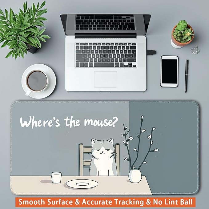 Desk Pad Protector, Office Desk Mat, Large Mouse Pad, Non-Slip Desk Blotter, 23.6x11.8 inch, Grey Cat Pattern